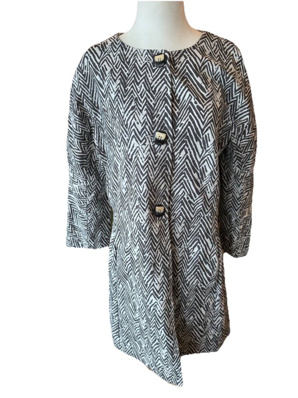 Cabi Grey White Ponte Knit Long Line Blazer Sz L Career Office